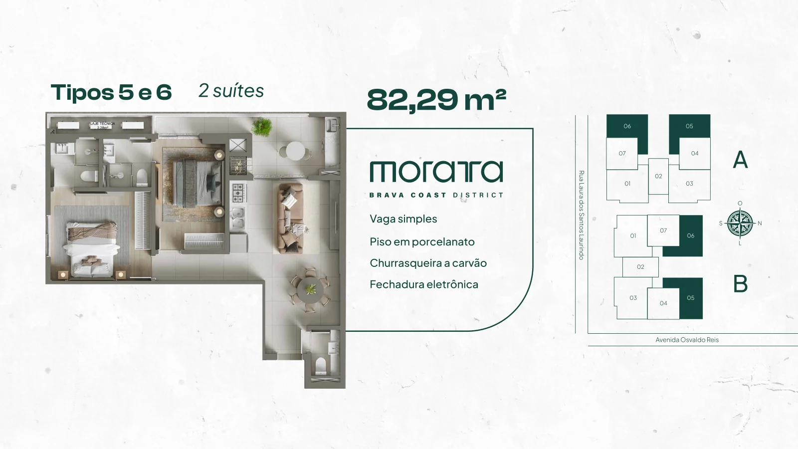 Moratta · planta dos apartamentos Tipos 5 e 6, 82,29 m² com 2 suítes