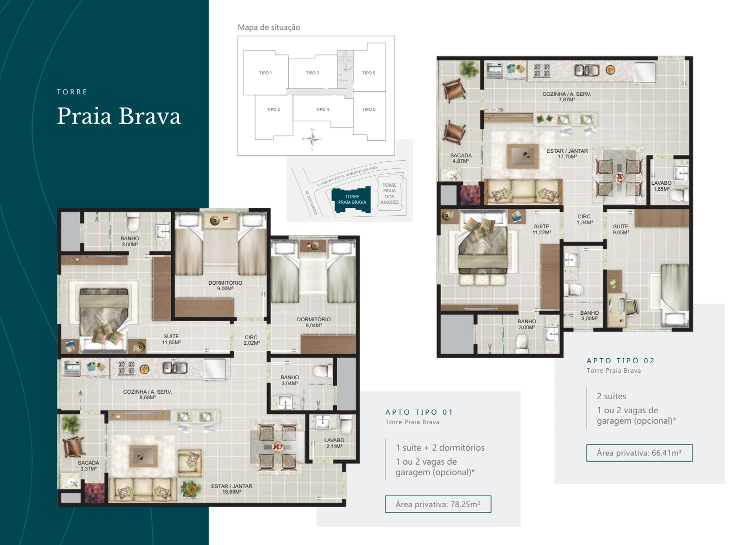 Portal da Brava · plantas dos apartamentos Tipo 01 (78,25 m²) e Tipo 02 (66,41 m²) da Torre Praia Brava