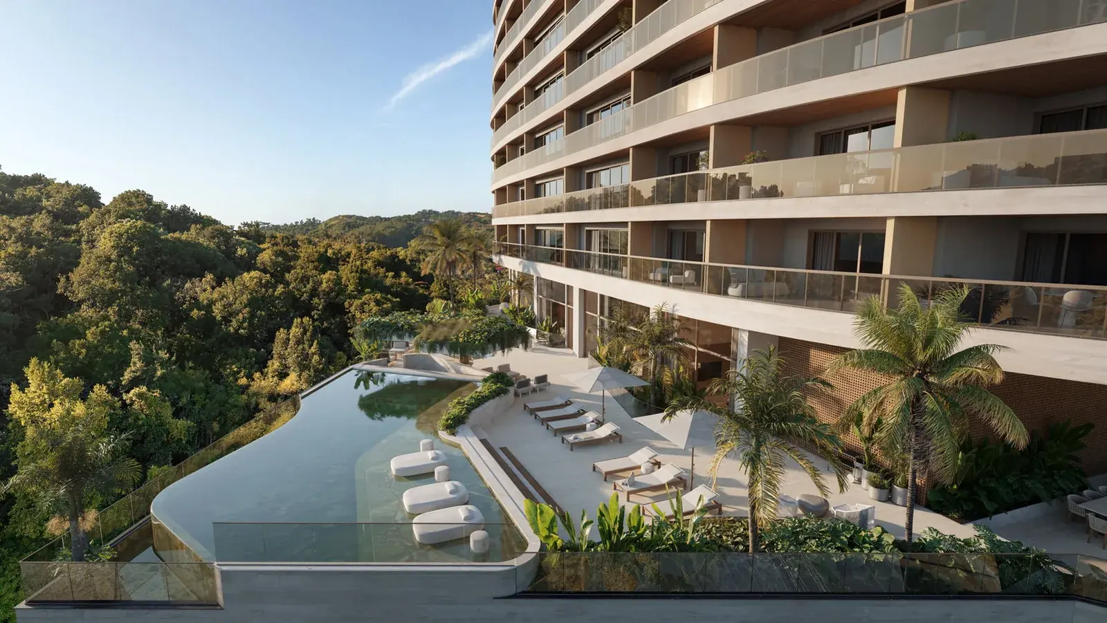 Raro Brava · a piscina do deck sobre a mata, com a fachada curva ao lado