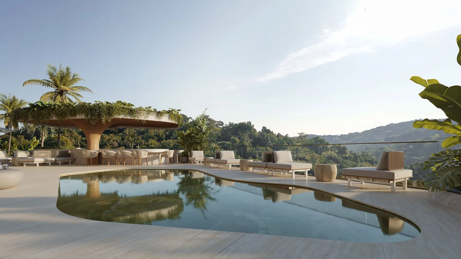 Raro Brava · piscina de borda infinita voltada para o morro no fim da tarde