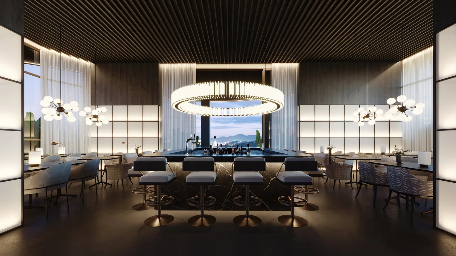 Raro Brava · sky bar no topo da torre, com as mesas voltadas para a vista