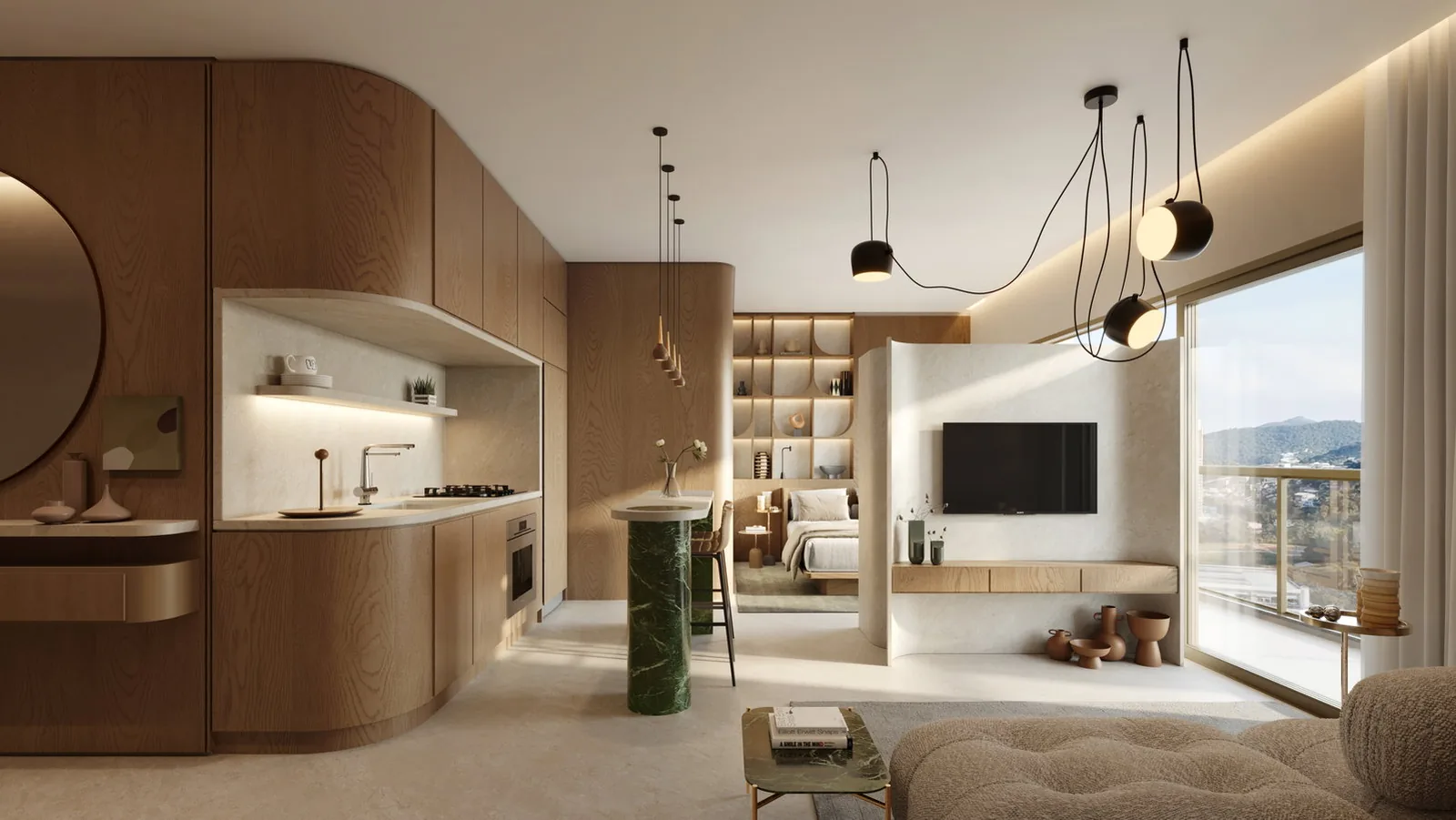 Raro Brava · studio decorado, com living e cozinha integrados