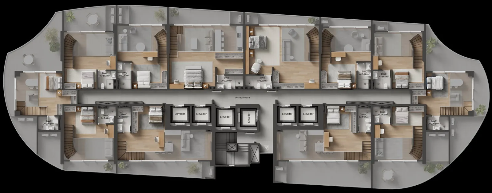 Raro Brava · planta do mezanino das unidades duplex, com escada interna