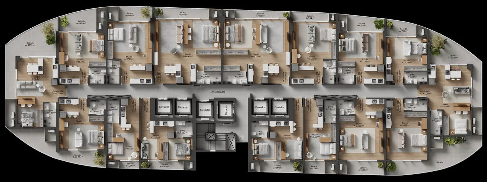Raro Brava · planta do pavimento tipo, com studios e sacadas nos dois lados da torre