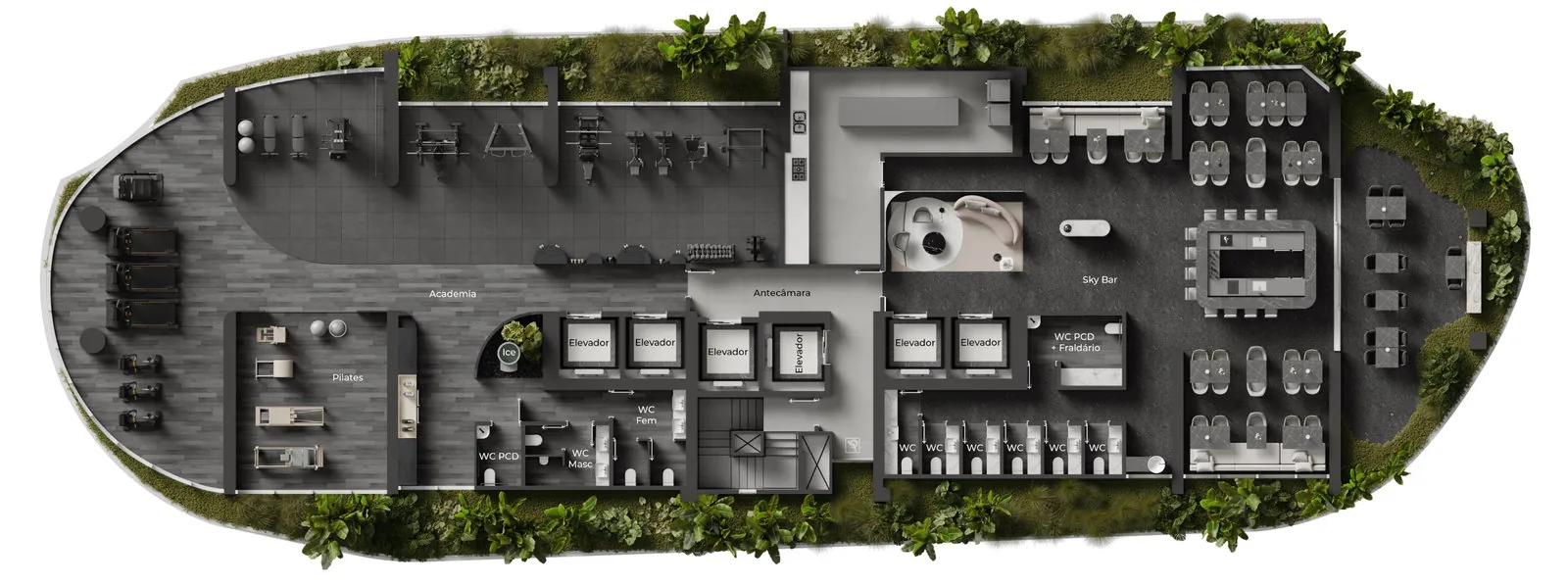 Raro Brava · planta do pavimento do topo, com academia, pilates e sky bar