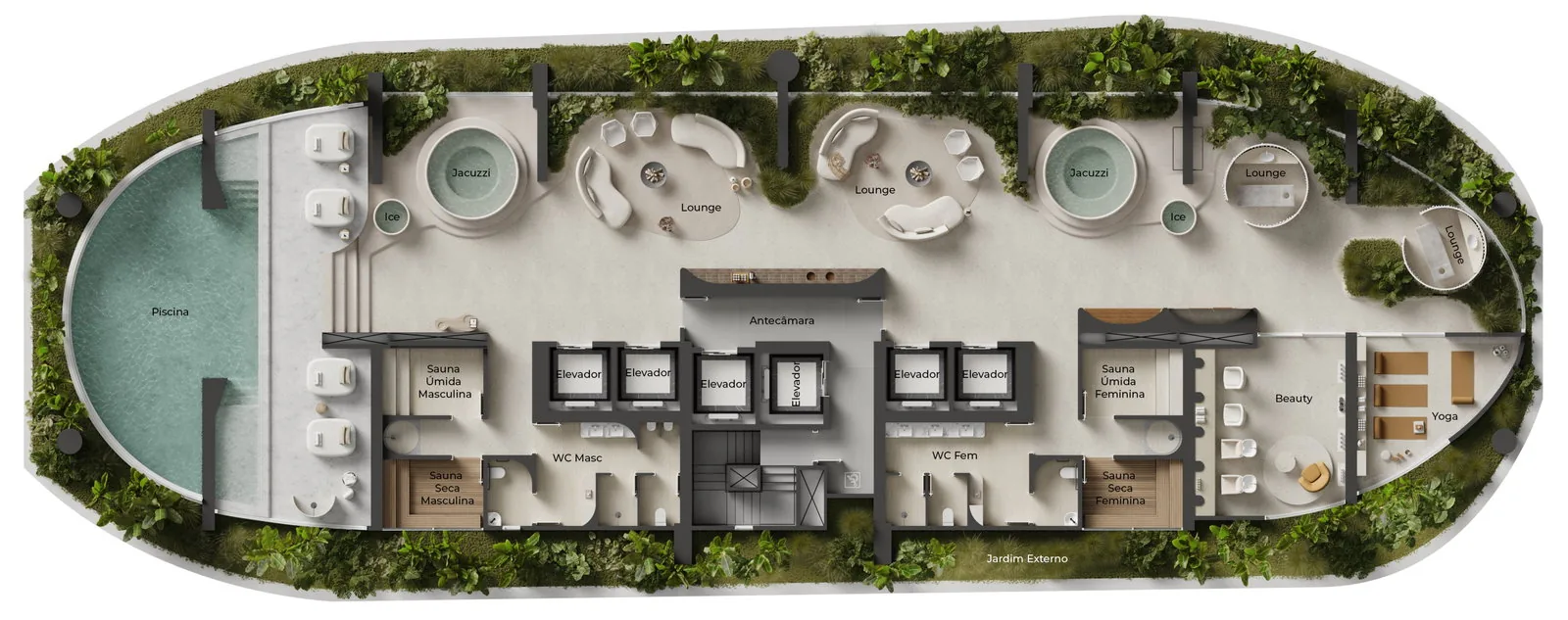 Raro Brava · planta do pavimento de spa, com piscina, jacuzzis, saunas, beauty e yoga