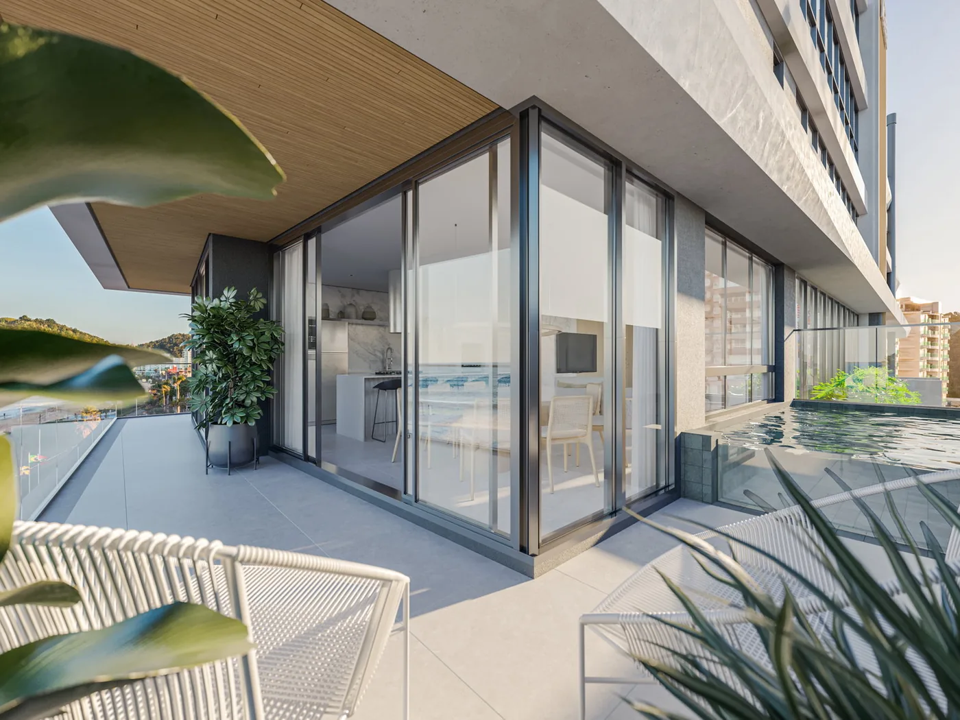 SENSE · varanda do apartamento tipo, com piscina privativa e vista para a Praia Brava
