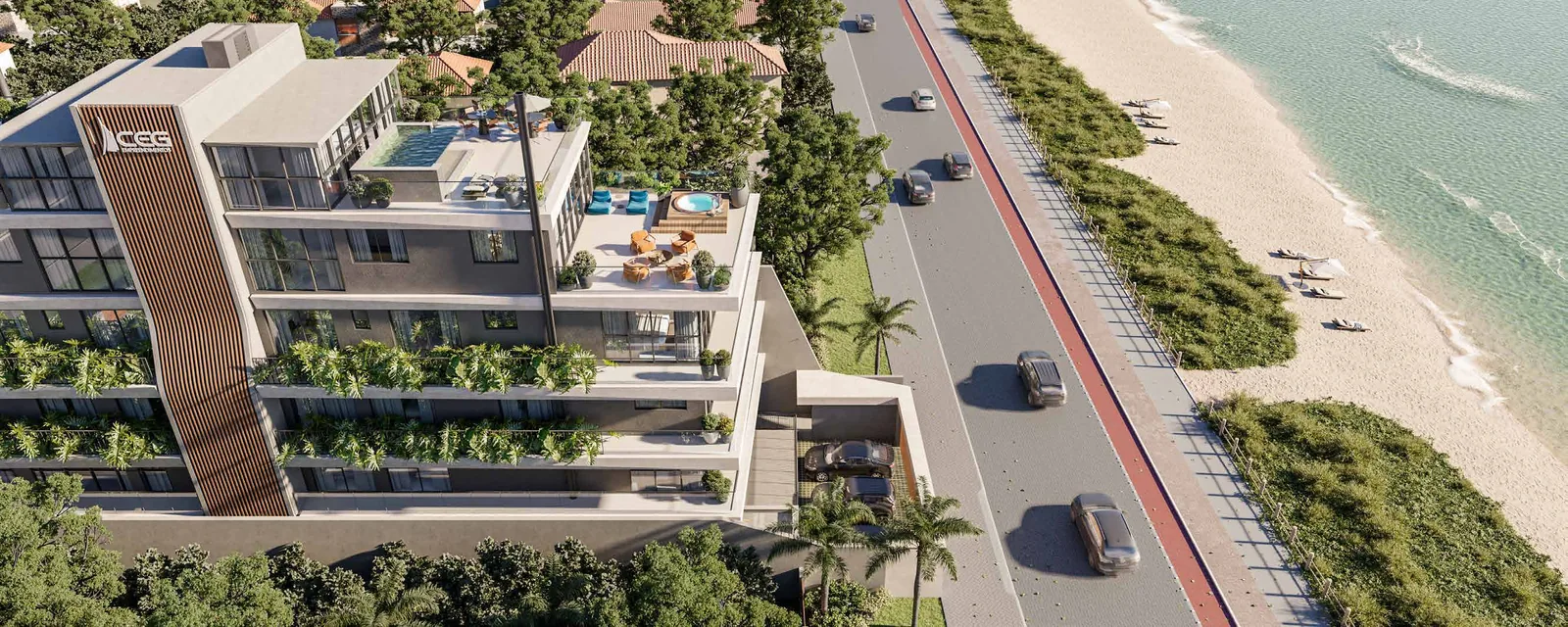 SENSE · o topo do edifício, com o terraço e a piscina da cobertura, ao lado da avenida da orla, imagem ilustrativa