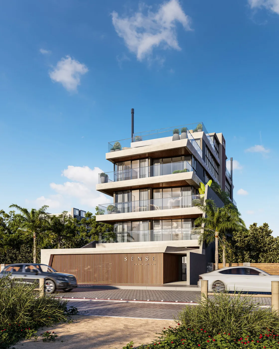 SENSE · embasamento e acesso ao edifício na Praia Brava