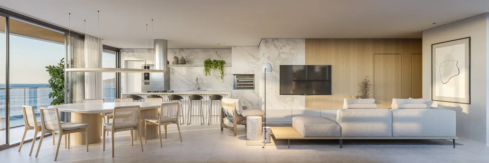 SENSE · living integrado do apartamento tipo, voltado para o mar