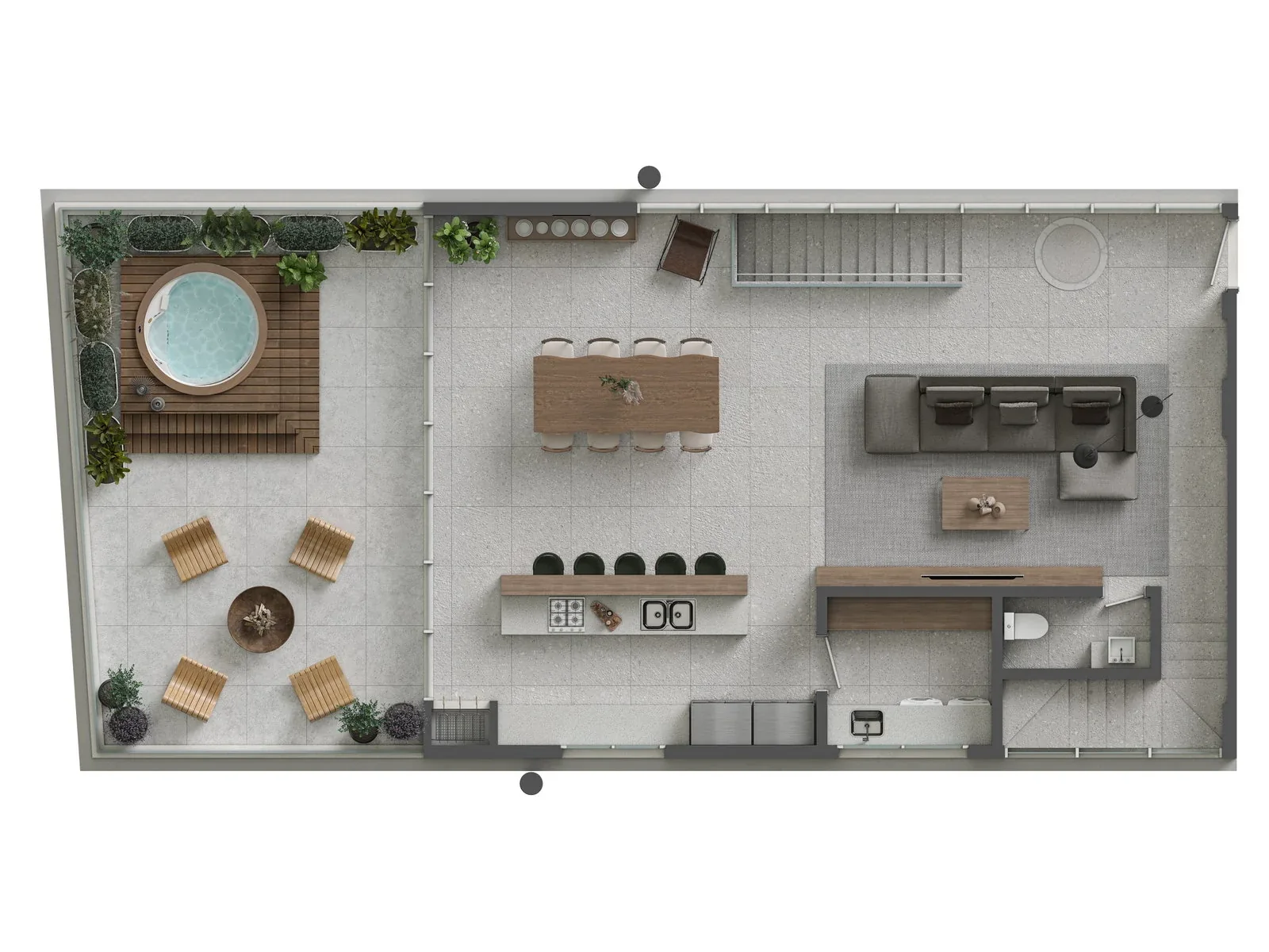 SENSE · nível intermediário da cobertura triplex, com living, cozinha e varanda com spa