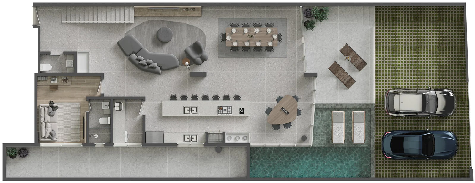 SENSE · pavimento inferior do garden duplex 1, com piscina e jardim privativo