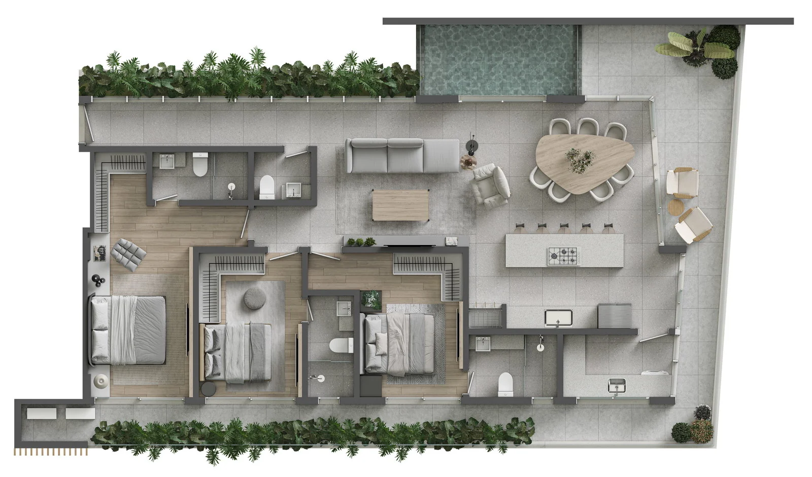 SENSE · planta de apartamento tipo, com living integrado e varanda com piscina privativa