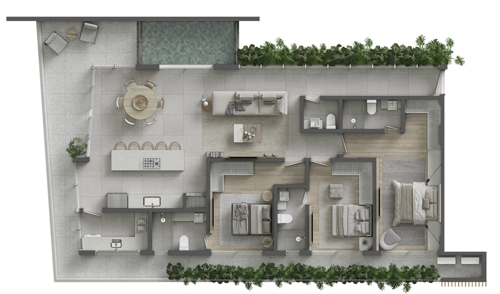 SENSE · planta do segundo apartamento tipo, com 3 suítes e piscina privativa na varanda