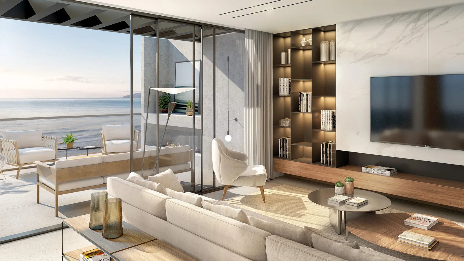 Tirreno: projeto do living com vista para o mar, imagem ilustrativa