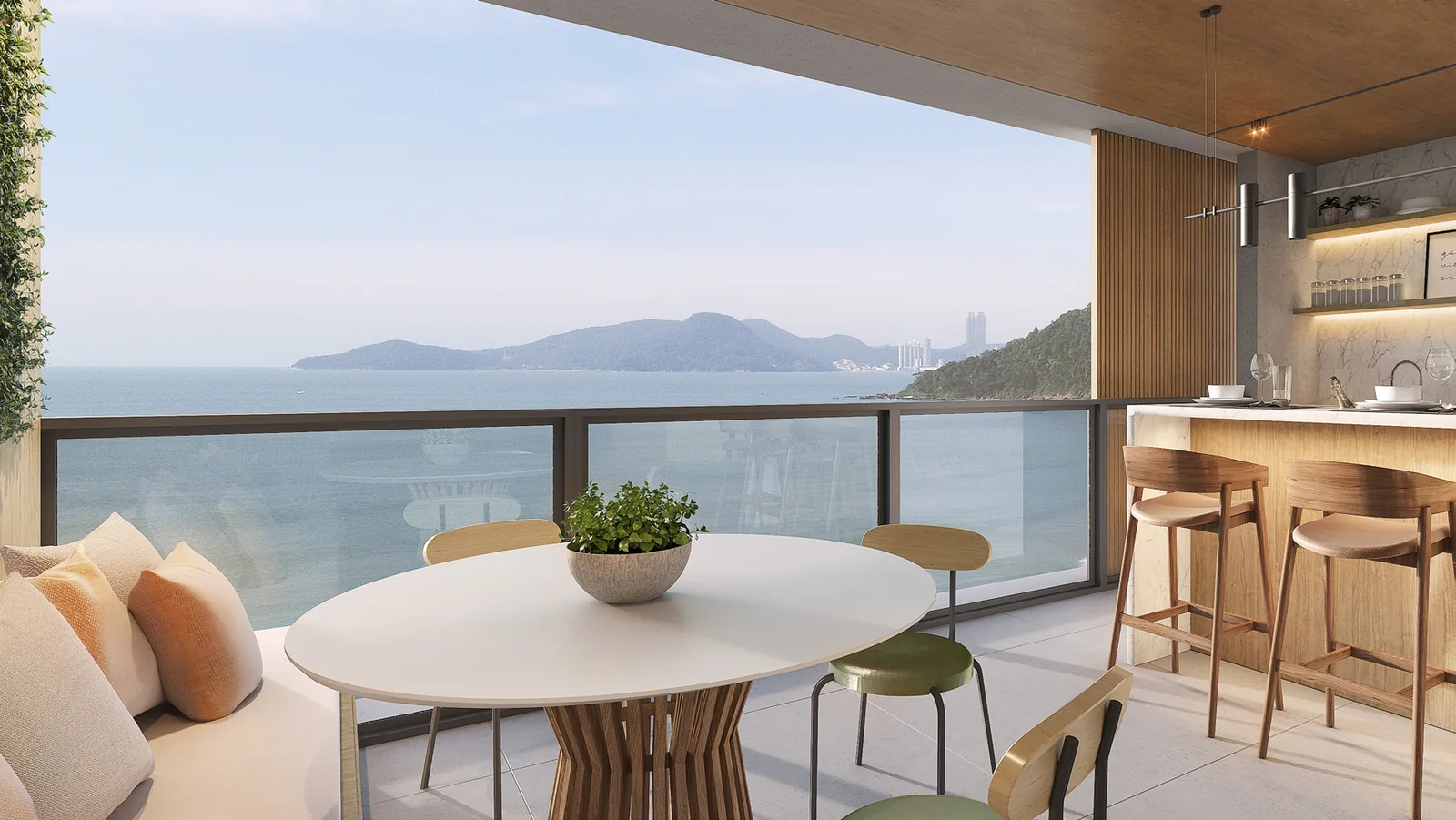 Tirreno: projeto da sacada frente mar com mesa, imagem ilustrativa