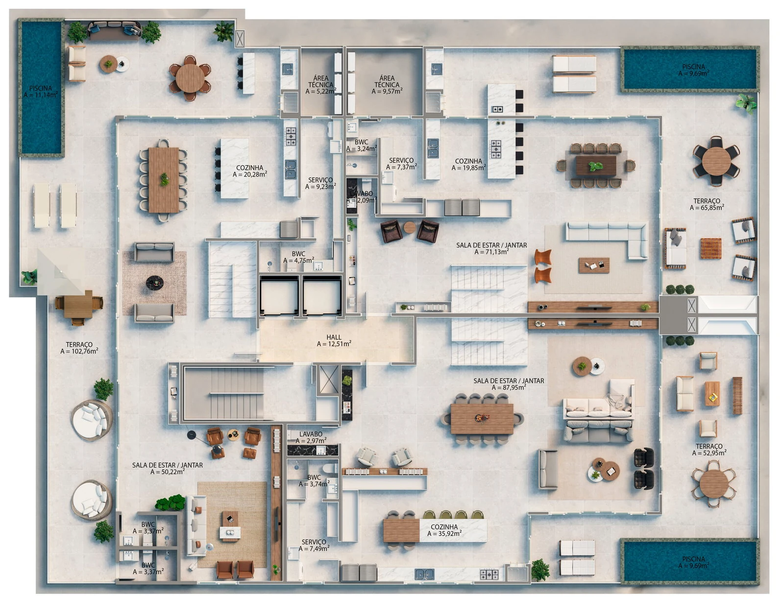 Tirreno: planta do piso superior das coberturas duplex, com as piscinas privativas