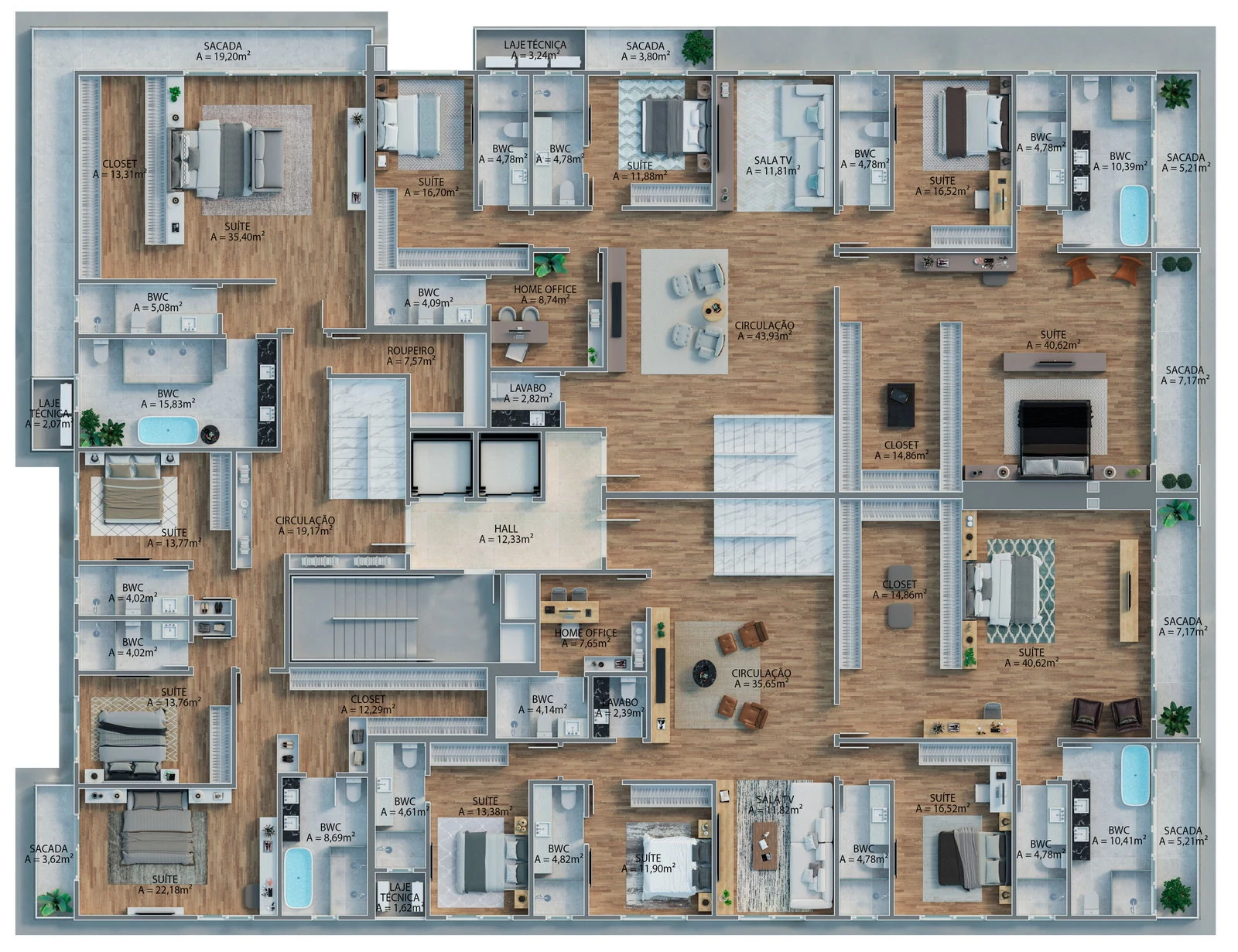 Tirreno: planta humanizada do pavimento, com as suítes e as sacadas