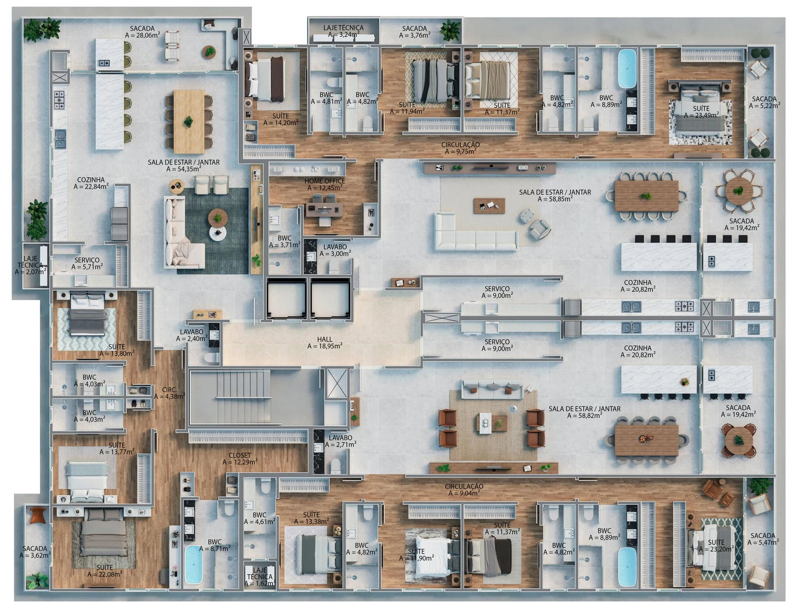 Tirreno: planta humanizada do pavimento, em outra configuração