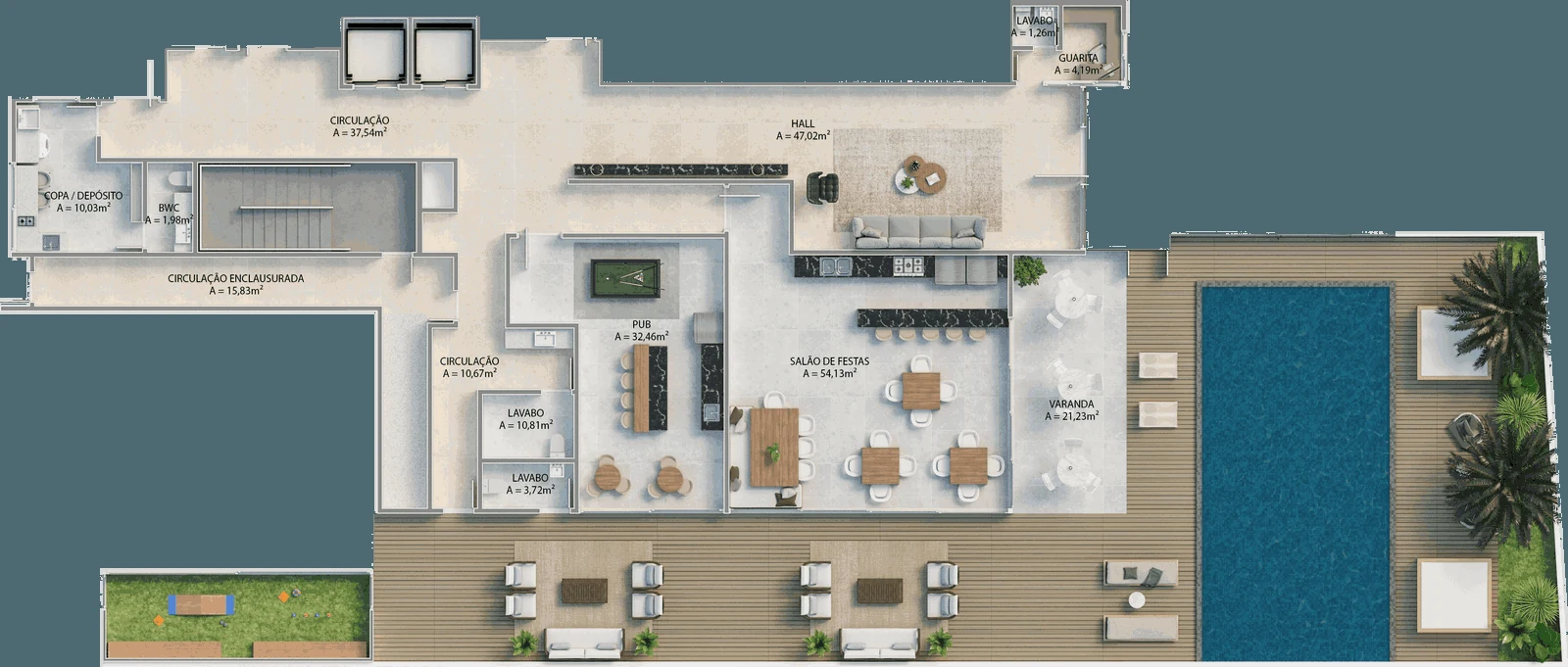 Tirreno: planta do térreo, com o hall de entrada e a guarita