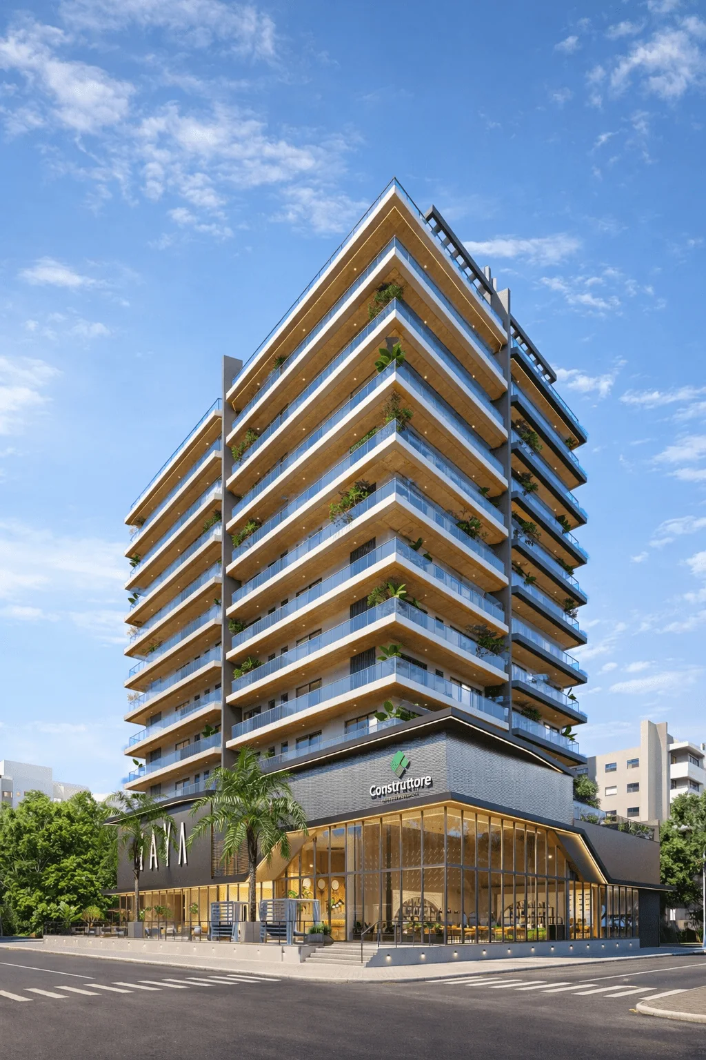 Záya Brava · fachada do edifício, com as coberturas duplex no topo