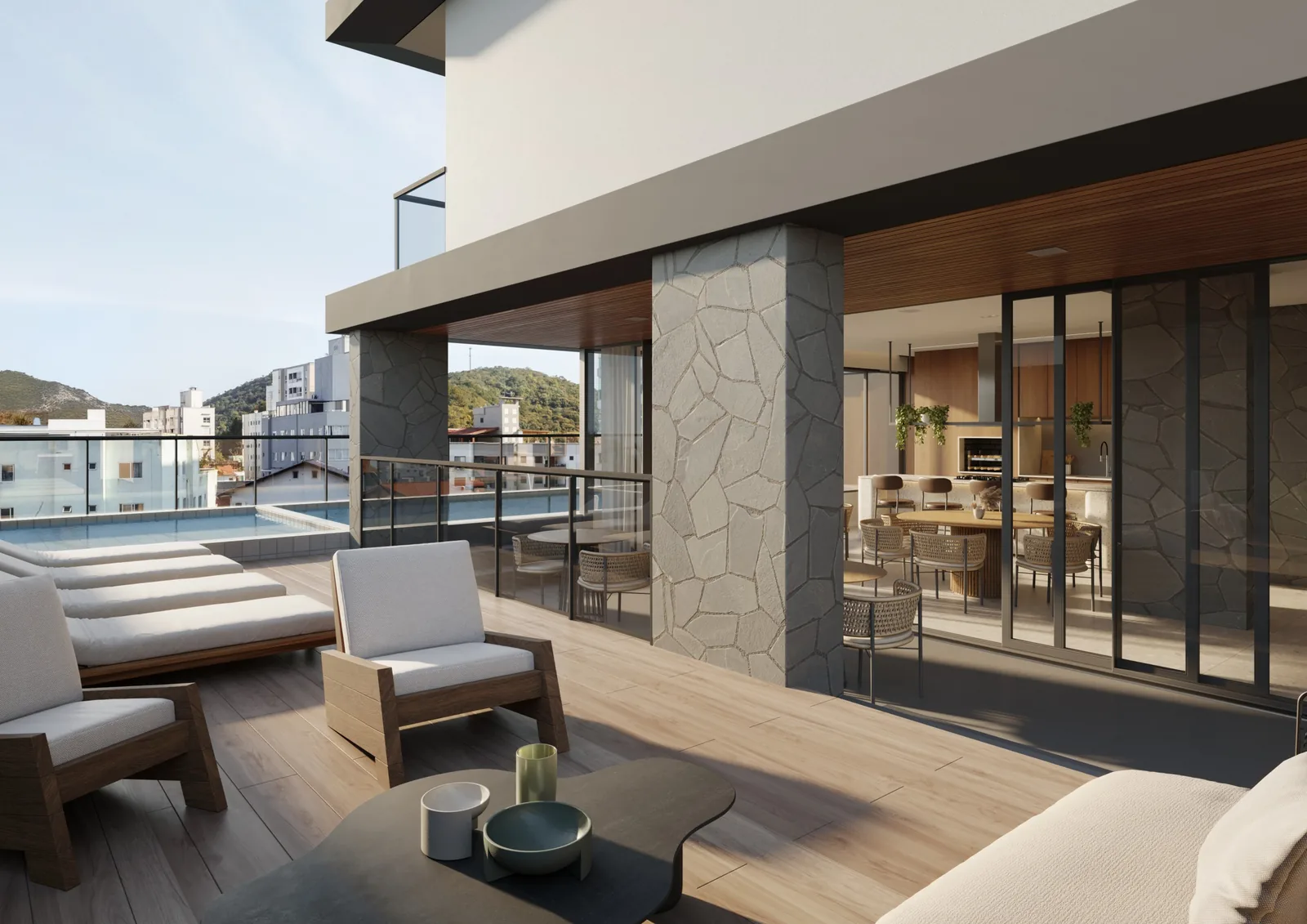 Záya Brava · piscina com deck e vista para o bairro