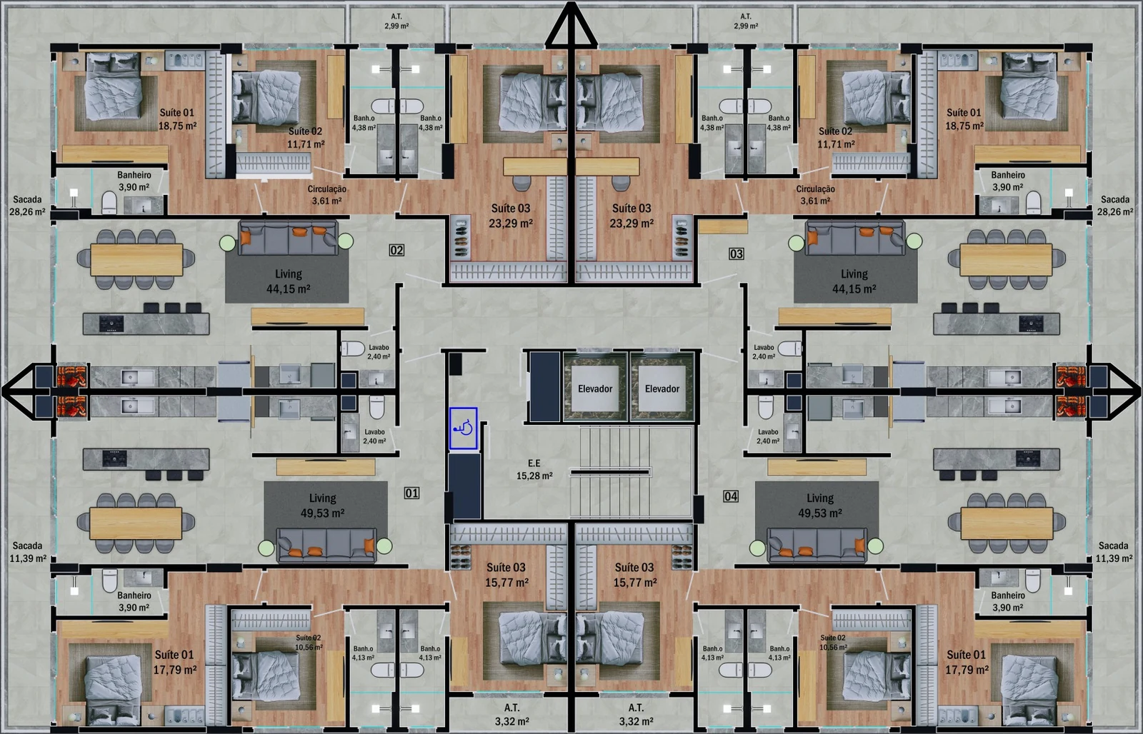Záya Brava · pavimento tipo com quatro apartamentos por andar, dois de 165 m² e dois de 146 m²
